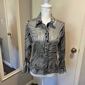 JS Boutique Semi sheer Black with Gray Stripes Rhinestone button blouse, Size 4